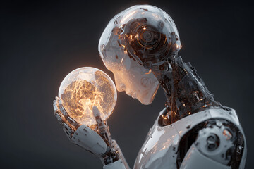 A robot is holding a glowing ball in its hand