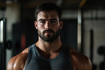 Sweaty man in gym with intense look