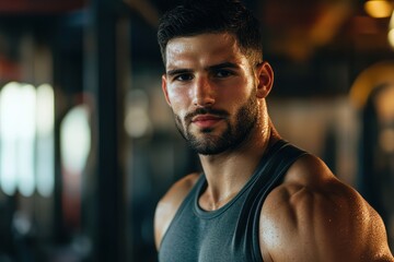 Fototapeta premium Sweaty man in gym with intense look
