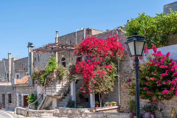 Chios Island, Greece. Blooming and climbing plants and flower pots at a house entrance at Mesta...