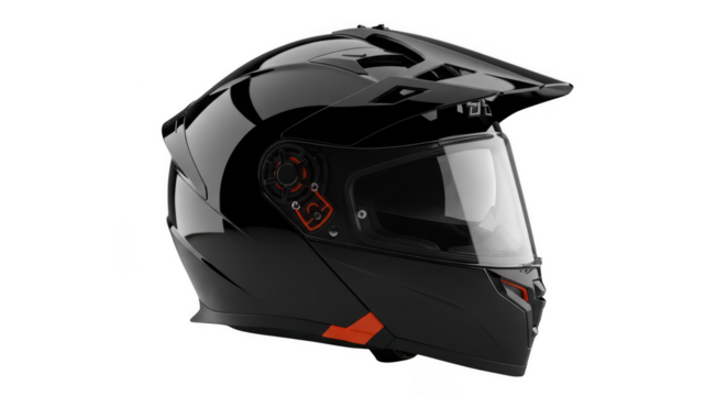 Glossy black motorcycle helmet with visor isolated on transparent background