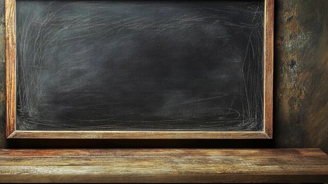 Rustic dark blackboard with wooden frame sits on a distressed wooden shelf against textured wall background creating a vintage atmosphere