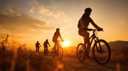 Obraz premium Four cyclists traverse a dirt path against a stunning sunset backdrop, casting elongated shadows. The warm colors of the sky create a serene atmosphere during evening hours.