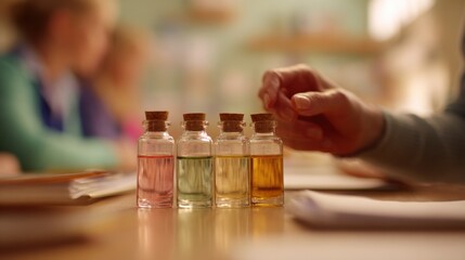 Medium shot highlighting a teachers hand presenting scented sample bottles for vocabulary association with the rest of the language lab softly blurred to emphasize sensory