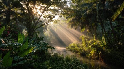 Sunlight breaks through dense foliage in a rainforest, creating dramatic beams of light over a peaceful river. The scene captures the beauty of nature in the morning.