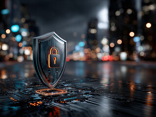 Cybersecurity Data Protection Shield on a Digital Circuit Background