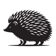 Simple black silhouette of a hedgehog on a white background perfect for design