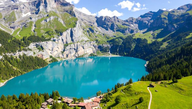 Alpine lake surrounded by mountains