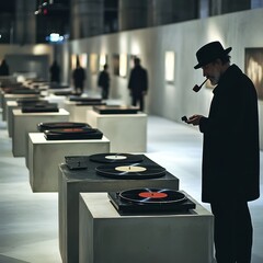 Man in fedora smoking pipe inspects vintage record players at an exhibition