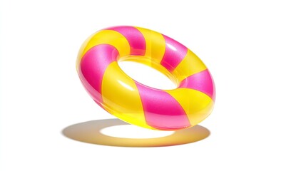 Minimalistic Floating Rubber Ring in Pink and Yellow Stripes on White Background – Isolated Summer Object Concept