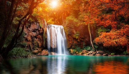 tropical waterfall orange jungle digital art