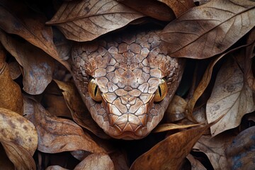 Gaboon viper hidden in rainforest leaves
