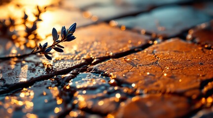 A delicate blue flower rests on a textured brick surface, illuminated by the warm glow of the setting sun