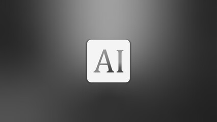 White square icon with AI letters centered on a black and gray gradient background. Artificial Intelligence theme background. 