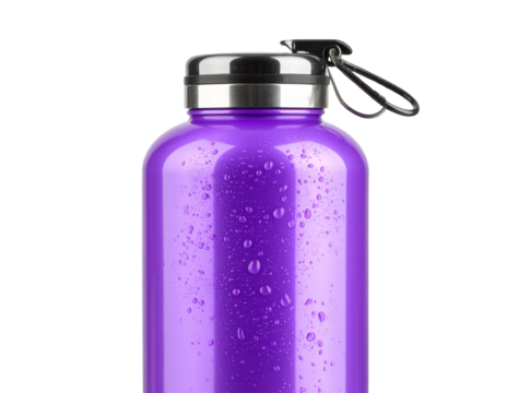  Angled View of Purple Water Bottle with Lid Open and Tilted, Condensation Details, Isolated
