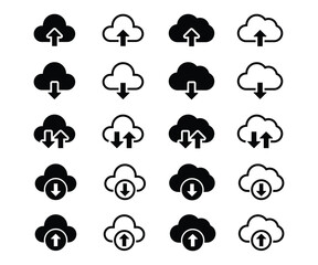 Cloud Computing Icons: Upload, Download, and Transfer Symbols in Black and Outline, Vector.
