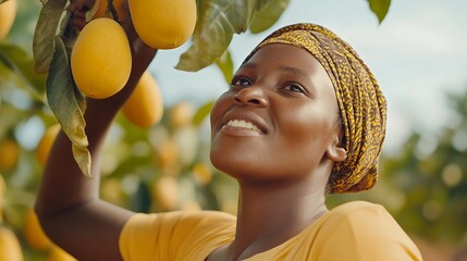 A smiling woman reaches for ripe mangoes in an orchard, showcasing joy and abundance in a tropical setting