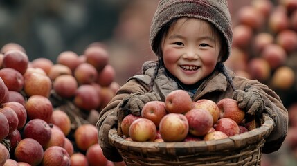A cheerful child holds a basket of apples, surrounded by a bountiful harvest, symbolizing joy and abundance
