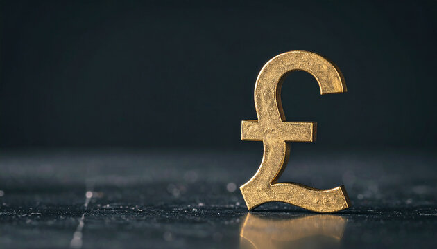 Golden British pound symbol stands on metal surface, dark backdrop. Wealth, currency, investment