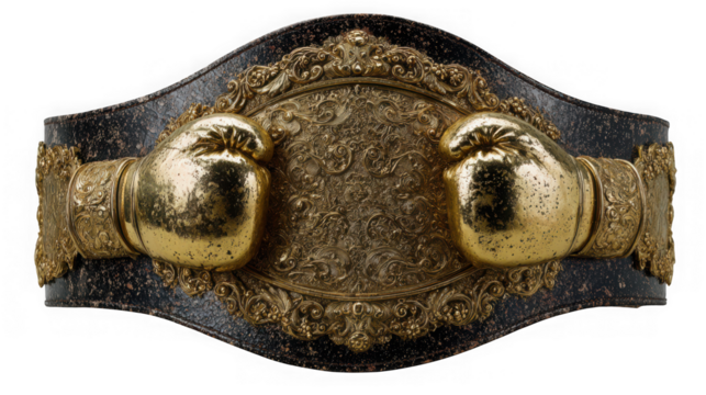 Golden boxing championship belt with gloves representing victory and success in the competitive sport isolated on transparent background - Powered by Adobe