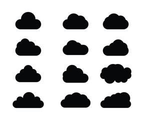 Twelve Simple Black Cloud Icons: Vector Graphic Set for Development.