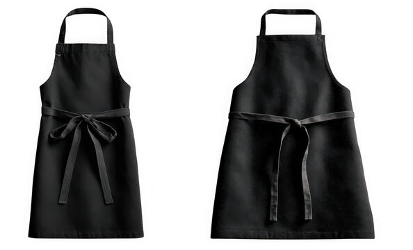 Two black aprons are displayed against a transparent background offering a versatile image for culinary or professional use