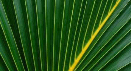 Close up of a vibrant green palm leaf showcasing intricate details and textures in its natural pattern