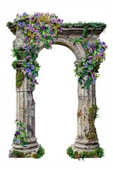 Naklejka premium Cracked greek pillar arch flowers architecture integration.