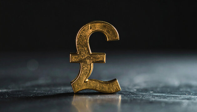 Golden British pound symbol stands on metal surface, dark backdrop. Wealth, currency, investment - Powered by Adobe