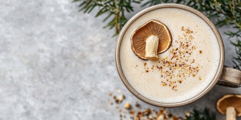 A warm mug of creamy drink topped with a mushroom slice, surrounded by greenery and sprinkled with spices, creating a cozy, inviting atmosphere.