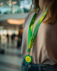 Close-up of sunflower lanyard worn by traveler in airport, symbol for non-visible disabilities