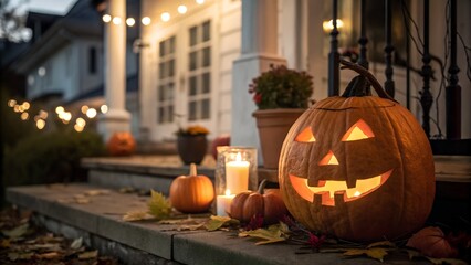 Fototapeta premium Warm Autumnal Halloween Porch: Jack-o'-lantern, candles, and fall leaves on inviting front steps at twilight.