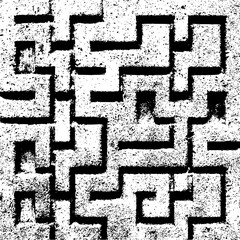 Distressed black and white maze pattern with rough edges and textured background creating an abstract design