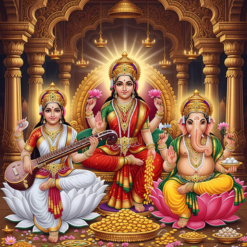 "Divine Hindu Deities Lakshmi, Saraswati, and Ganesha in a Traditional Temple Setting"