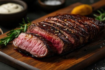 Juicy Brazilian picanha steak on rustic wooden board