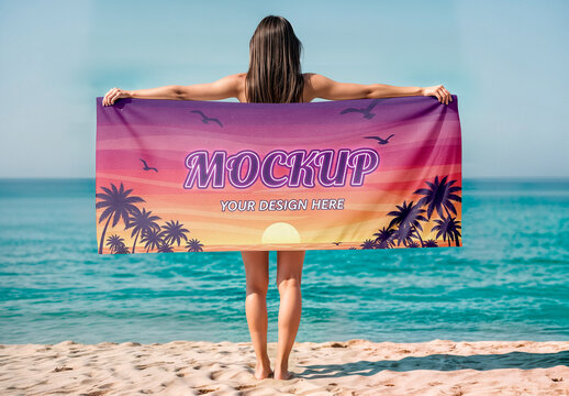 Beach Towel Mockup with Woman Holding