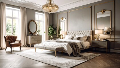 Elegant bedroom with large bed, neutral tones, and gold accents