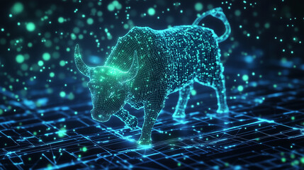 Digital wireframe bull glowing futuristic grid background
