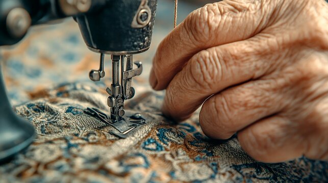 Close up of an elderly hand guiding fabric through a sewing machine, highlighting craftsmanship