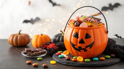 Halloween Jack-o'-lantern Candy Bucket: Festive Treats, Spooky Fun, Autumnal Mood.