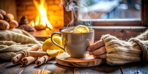 A cup of hot lemon tea with cinnamon sticks and a cozy fireplace in the background, perfect for a relaxing winter day at home