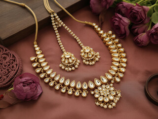 Obraz premium Gold Indian Necklace and Earrings with Pearls and White Stones