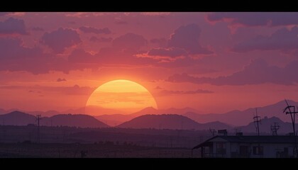 Obraz premium Dramatic sunset over silhouetted mountains and rural landscape