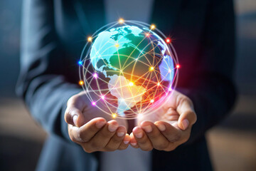 Cyan and teal globe glows in hands, highlighting connection network. Use for global business presentation, networking poster, or tech branding.