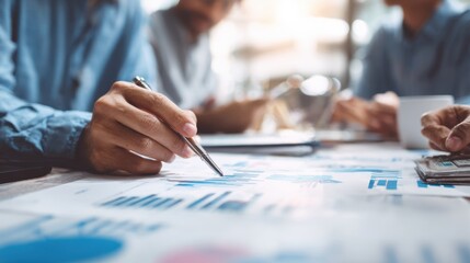 Actuary collaborating with team discussing predictive analytics and claim trends while crossreferencing risk tables to refine insurance product pricing models.