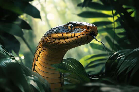 King cobra with hood spread in lush jungle