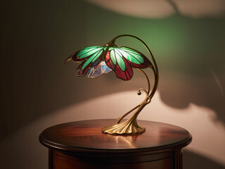 Art Nouveau stained glass butterfly lamp on wooden table