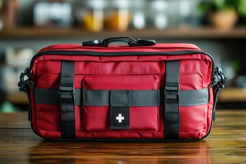 First aid kit opened for treatment after a minor injury at a workplace environment