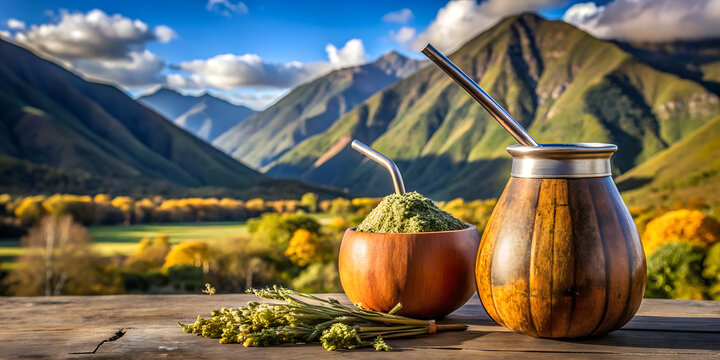 Traditional yerba mate tea with gourd and bombilla in a scenic mountain landscape, a cultural beverage from argentina and south america