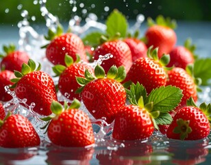 Fresh strawberries in water with splashes